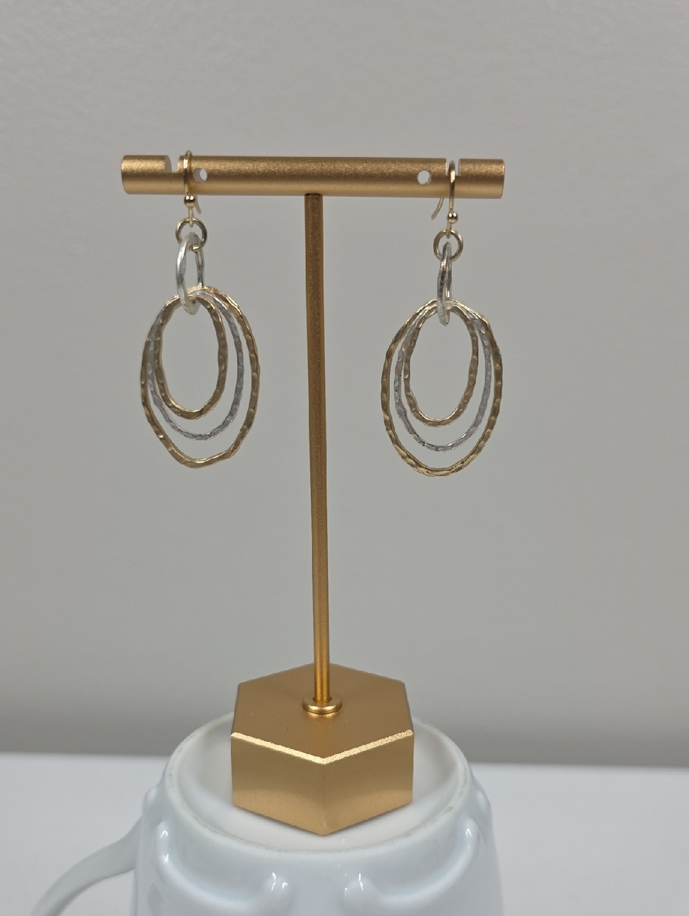 Gold and Silver Double-Tone Textured Hoop Drop Earrings